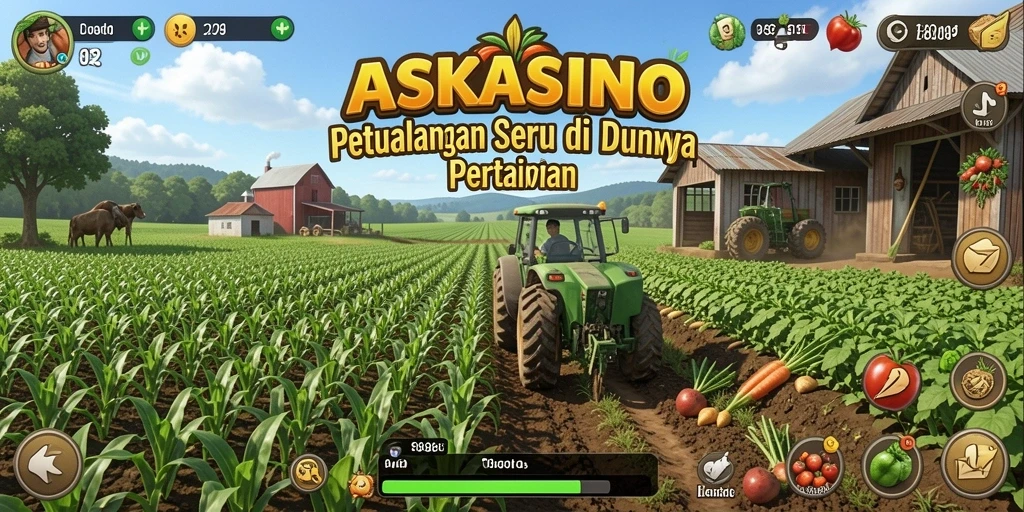 Tampilan gameplay <strong>ASKASINO</strong> yang seru dan penuh warna dalam dunia pertanian.