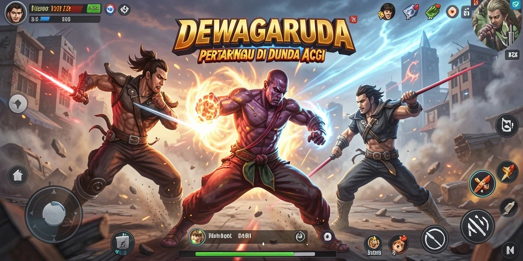 Tampilan aksi seru dalam DEWAGARUDA dengan karakter bertarung.