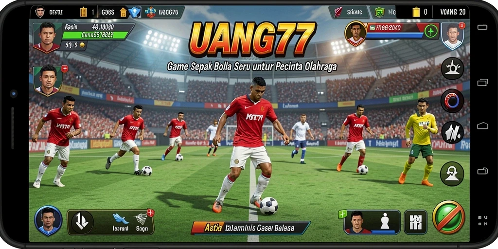 Tampilan gameplay UANG77 dengan aksi sepak bola yang mendebarkan.