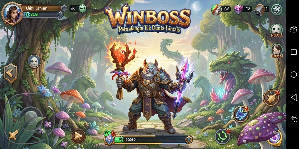 Screenshot gameplay WINBOSS menampilkan petualangan menegangkan di dunia fantasi.
